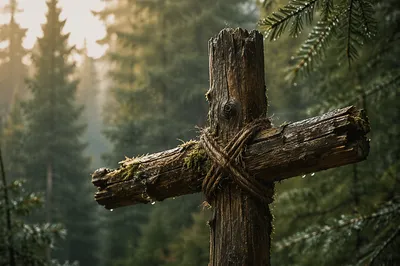 Rugged Wooden Cross in Evergreen Dawn
