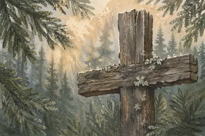 Rugged Wooden Cross in Evergreen Forest