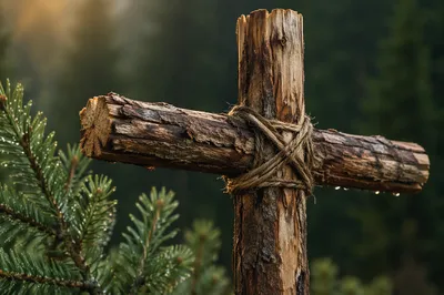 Rugged Wooden Cross in Evergreen Dawn