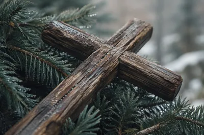 Rugged Wooden Cross in Evergreen Texture