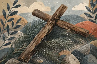 Rugged Wooden Cross in Evergreen Texture