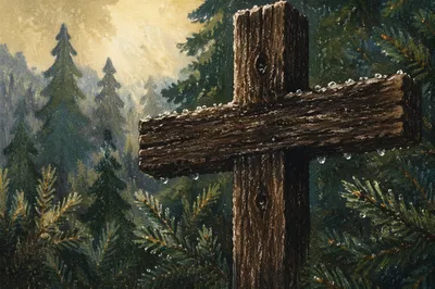 Rugged Wooden Cross in Evergreen Close-Up