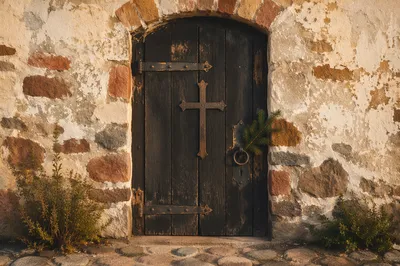Rugged Iron Cross on Rustic Stone Door
