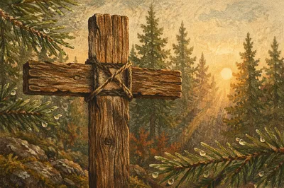 Weathered Cedar Cross in Evergreen Dawn