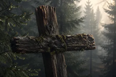 Rugged Wooden Cross in Evergreen Forest