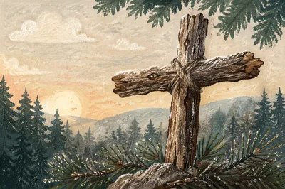 Rugged Wooden Cross in Evergreen Dawn