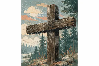 Rugged Wooden Cross in Evergreen Mist