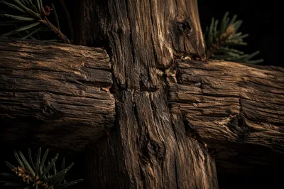 Rugged Wooden Cross Texture with Evergreen