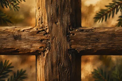 Rugged Wooden Cross with Evergreen Needles