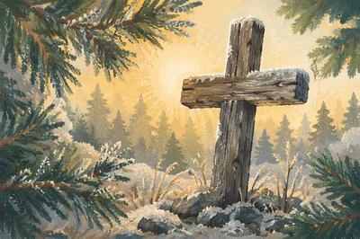 Rugged Wooden Cross Among Evergreen Pines