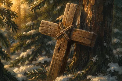 Rugged Wooden Cross by Evergreen Tree