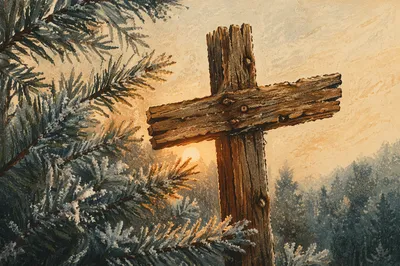 Rugged Wooden Cross Among Frosted Evergreens