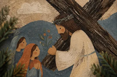 Rugged Wooden Cross Texture with Evergreen Sprigs