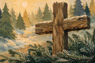 Rugged Wooden Cross Among Frosted Evergreens