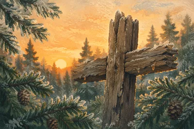 Weathered Wooden Cross Among Frosted Evergreens