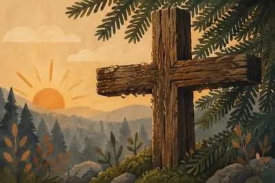 Rugged Wooden Cross in Evergreen Forest