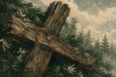 Rugged Wooden Cross Among Evergreen Boughs