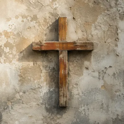Rugged Wooden Cross on Aged Plaster Wall