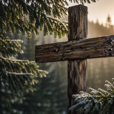 Rugged Wooden Cross Among Evergreens