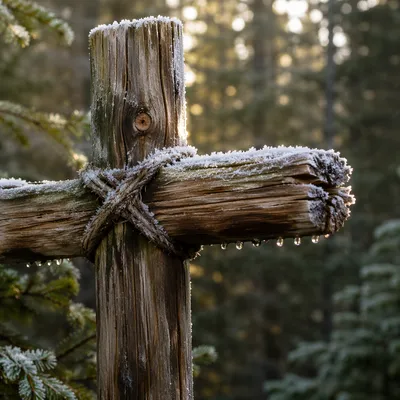 Rugged Wooden Cross in Evergreen Frost