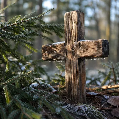 Rugged Wooden Cross Among Evergreen Branches
