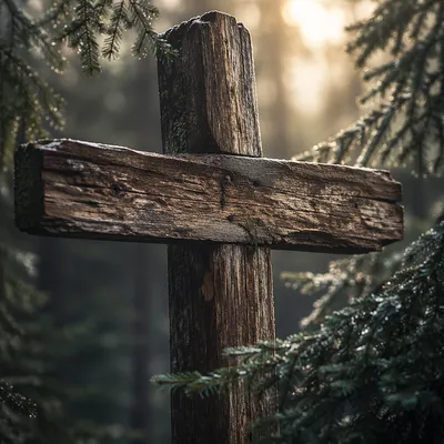 Rugged Wooden Cross in Evergreen Forest