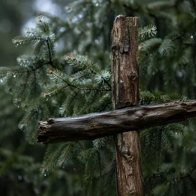 Rugged Wooden Cross Among Evergreens