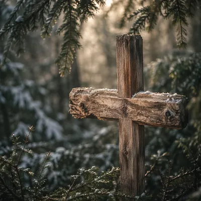 Rugged Wooden Cross in Evergreen Frost