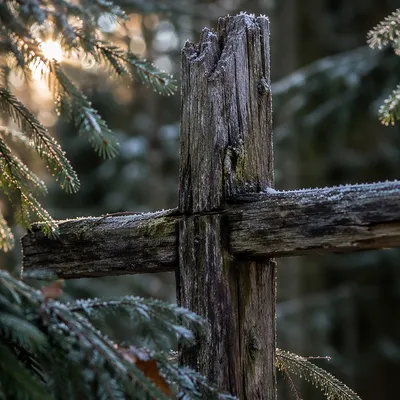Weathered Wooden Cross in Evergreen Forest