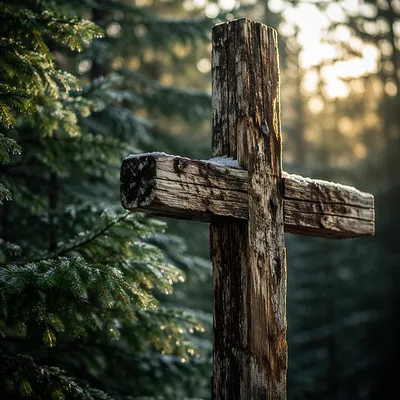 Rugged Wooden Cross in Evergreen Dawn