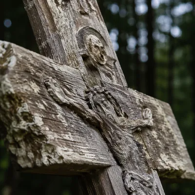 Weathered Wooden Cross in Evergreen Woodland