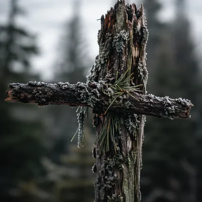 Weathered Wooden Cross in Evergreen Forest