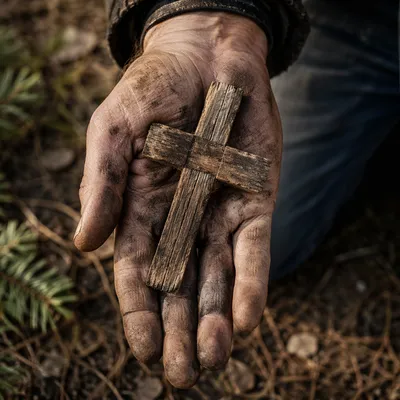 Rugged Wooden Cross in Open Palm