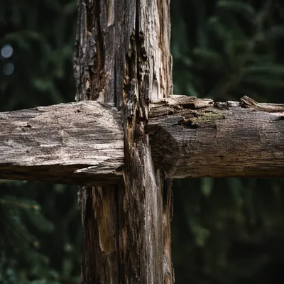 Rugged Wooden Cross with Evergreen Texture