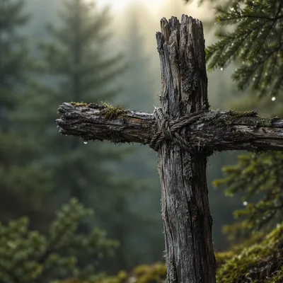 Rugged Wooden Cross in Evergreen Dawn