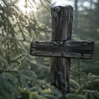 Rugged Wooden Cross in Evergreen Forest