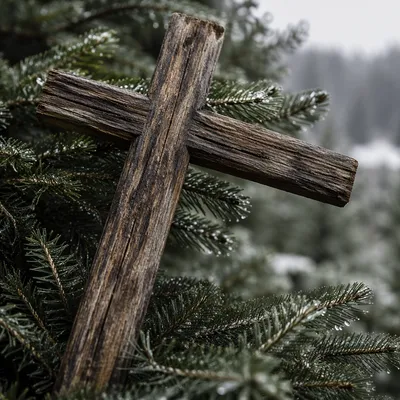 Rugged Wooden Cross in Evergreen Texture