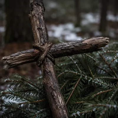 Rugged Wooden Cross Among Evergreen Boughs