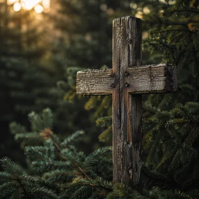 Rugged Wooden Cross in Evergreen Light