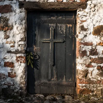 Rugged Iron Cross on Rustic Stone Door