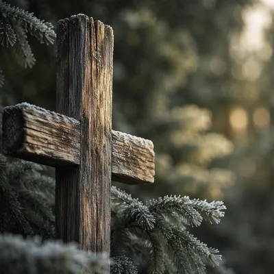 Rugged Wooden Cross in Frosted Evergreens