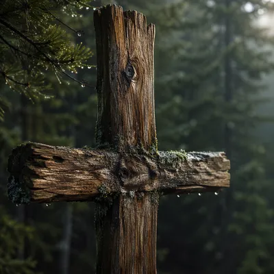 Rugged Wooden Cross in Evergreen Morning Light