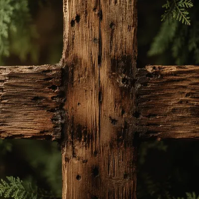Weathered Wooden Cross with Evergreen Texture