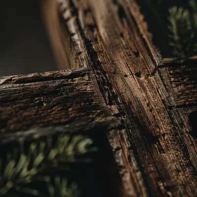Rugged Wooden Cross Macro with Evergreen