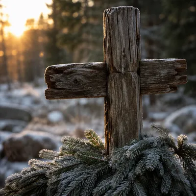 Rugged Wooden Cross in Frosted Evergreens