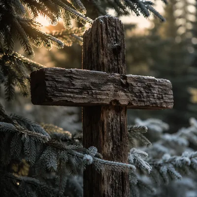 Rugged Wooden Cross Among Frosted Evergreens