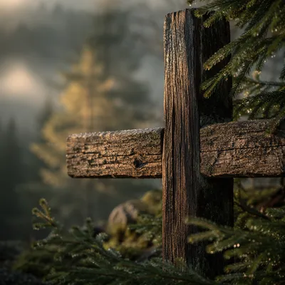 Rugged Wooden Cross in Evergreen Forest
