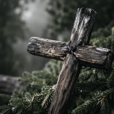 Weathered Wooden Cross Among Evergreen Boughs