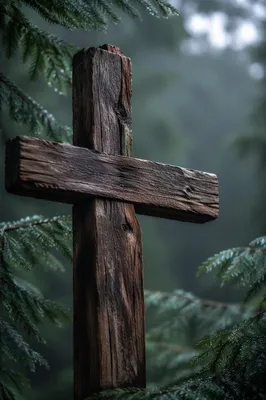 Weathered Cedar Cross in Evergreen Rain