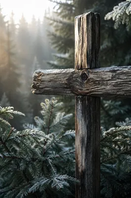 Rugged Wooden Cross in Evergreen Frost